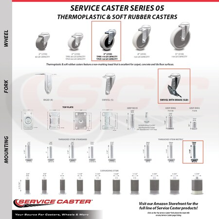 Service Caster 3 Inch Thermoplastic Wheel 12mm Threaded Stem Caster Set with Brakes SCC SCC-TS05S310-TPRS-SLB-M1215-4